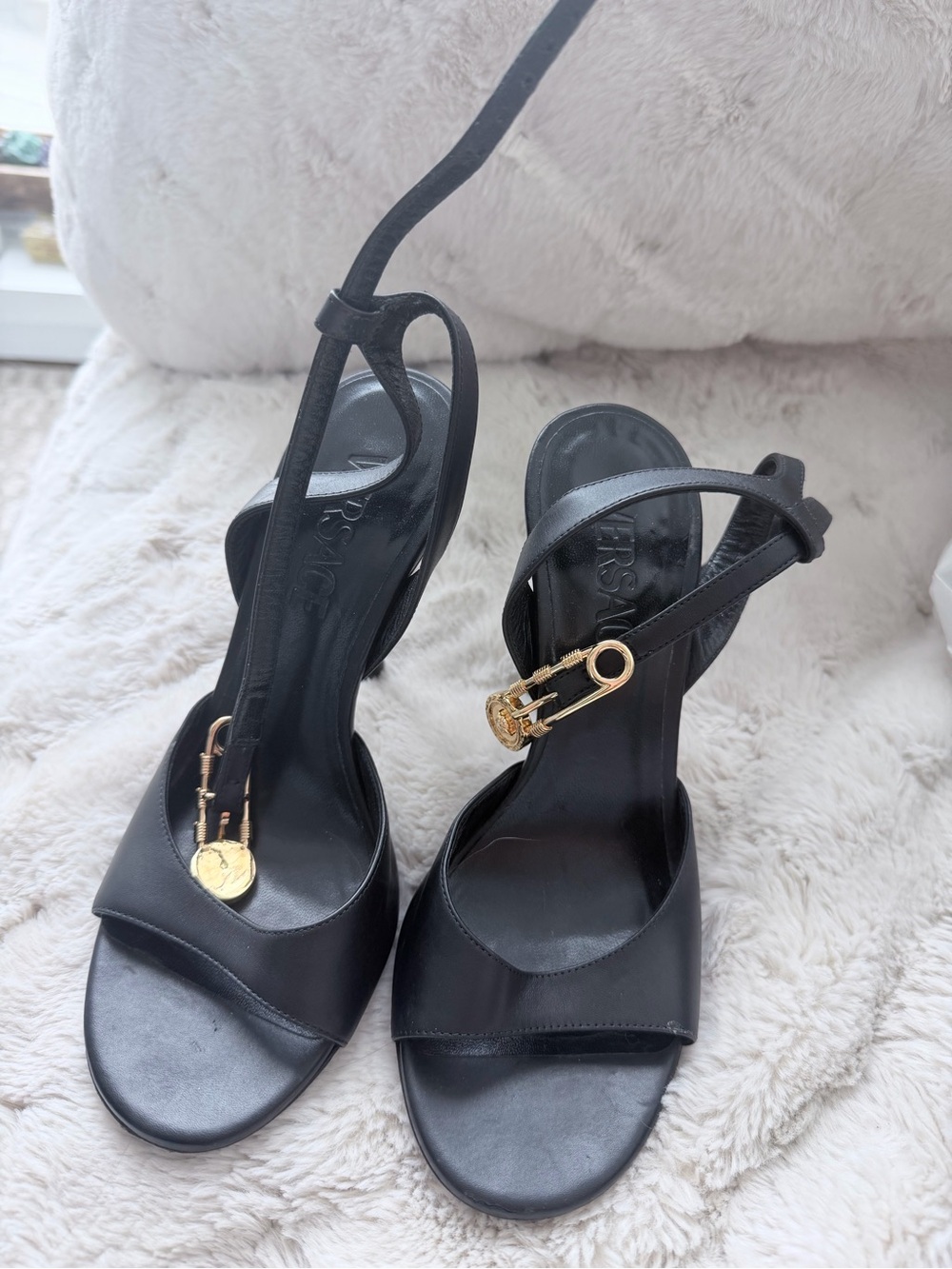 Versace Black Leather Open-Toe Heeled Sandals with Gold Hardware